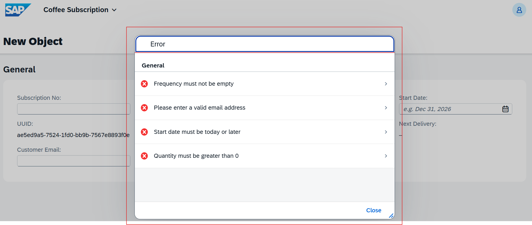 Capture Fiori des erreurs